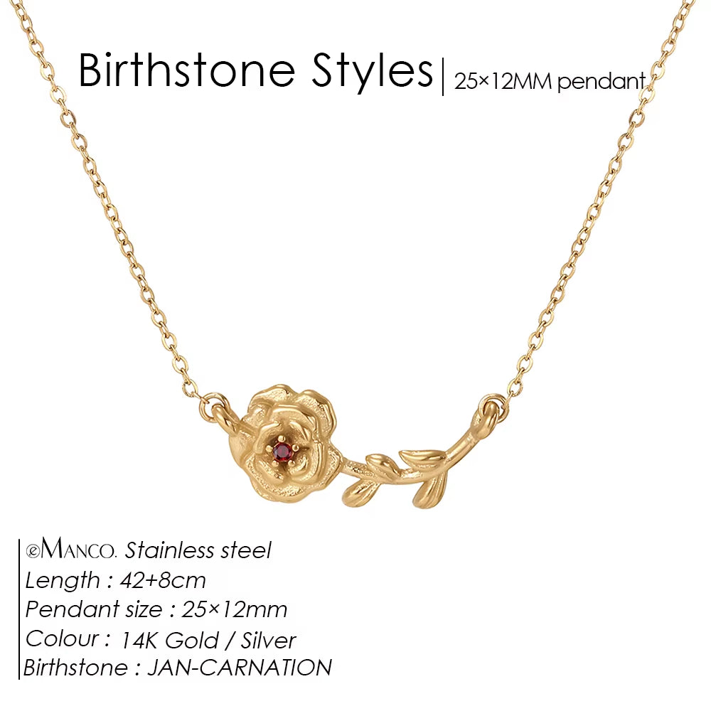 Chic Rhinestone Stainless Steel Birthstone Pendant Necklace with Rose Flower Design for Special Gifts