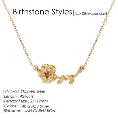 Chic Rhinestone Stainless Steel Birthstone Pendant Necklace with Rose Flower Design for Special Gifts