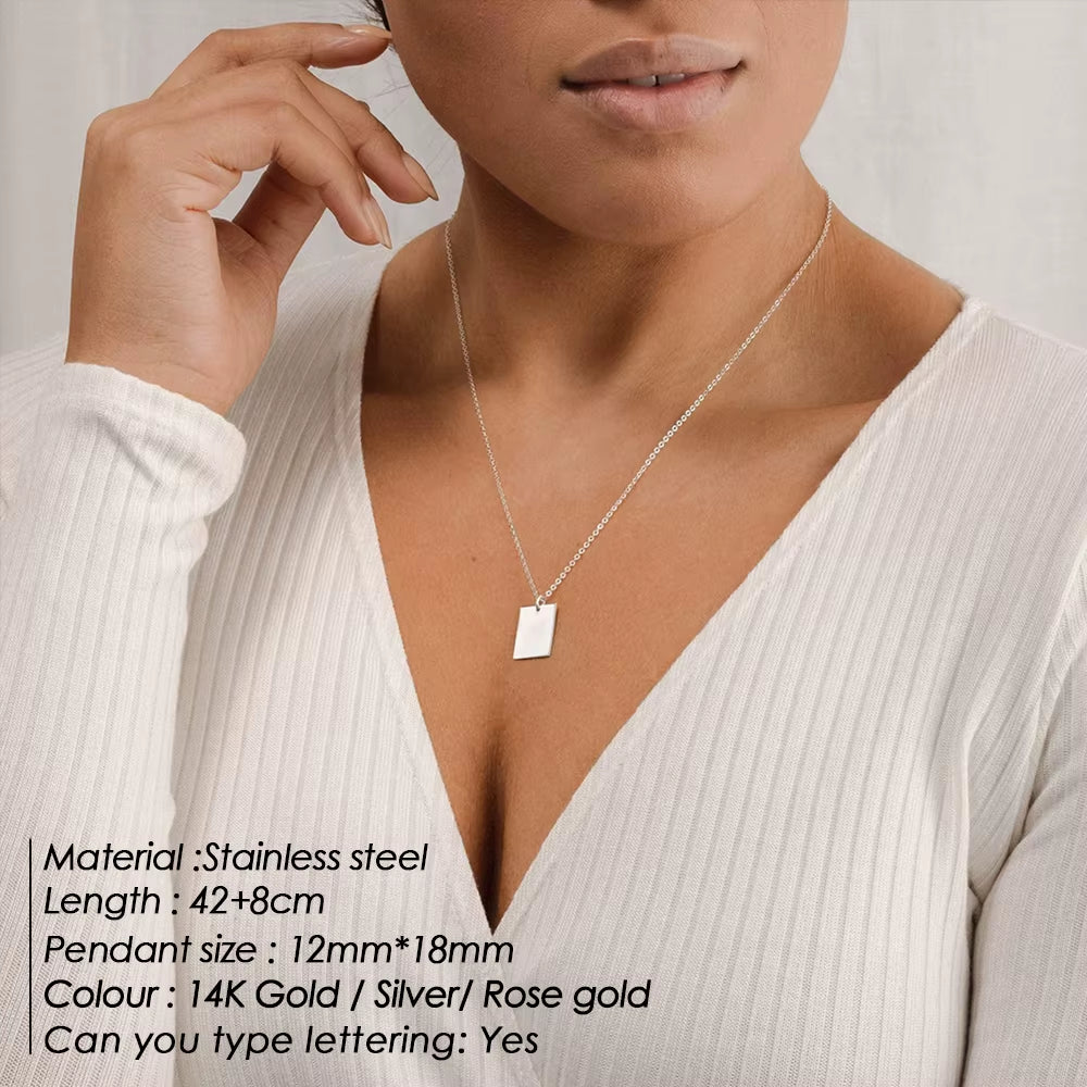 Stainless Steel and 14K Gold Layered Necklace Set with Long Metal Chain and Rectangular Pendant for Women
