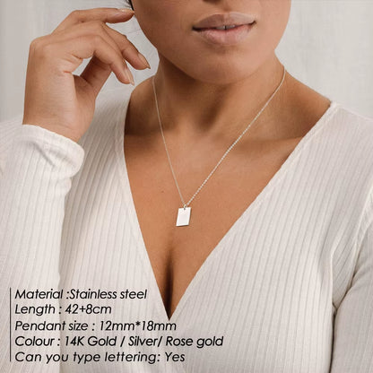 Stainless Steel and 14K Gold Layered Necklace Set with Long Metal Chain and Rectangular Pendant for Women