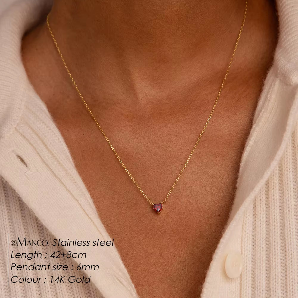 Stainless Steel and 14K Gold Heart-Shaped Birthstone Pendant Necklace for Women with Zircon Accents