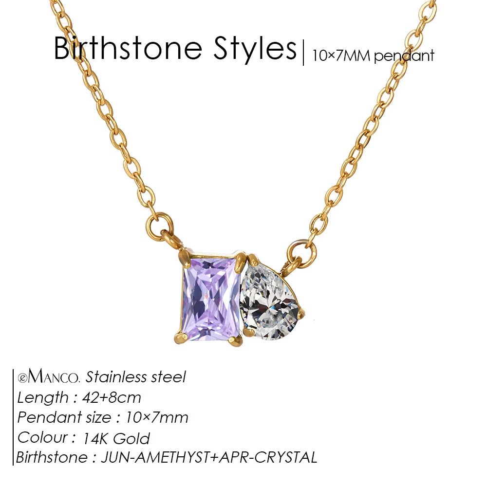 Emanco Elegant Non-Allergenic Korean Stainless Steel Birthstone Pendant Necklace with Zircon Water Drop Design, Gold Plated