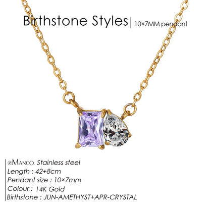 Emanco Elegant Non-Allergenic Korean Stainless Steel Birthstone Pendant Necklace with Zircon Water Drop Design, Gold Plated