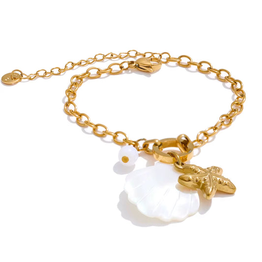 JINYOU 1078 Stainless Steel Ocean-Inspired Charm Bracelet with Natural Shell and Starfish Accent for Beach Vacations