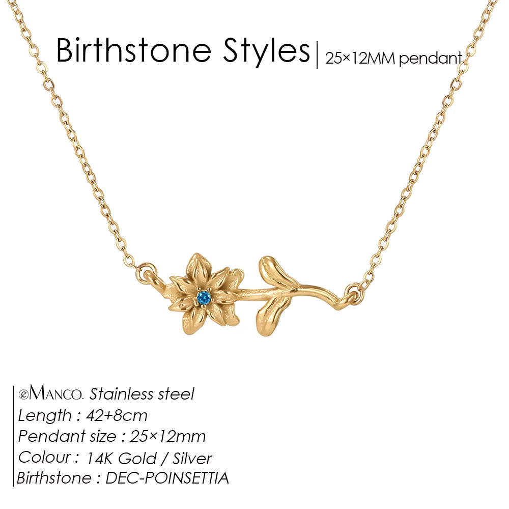 Chic Rhinestone Stainless Steel Birthstone Pendant Necklace with Rose Flower Design for Special Gifts