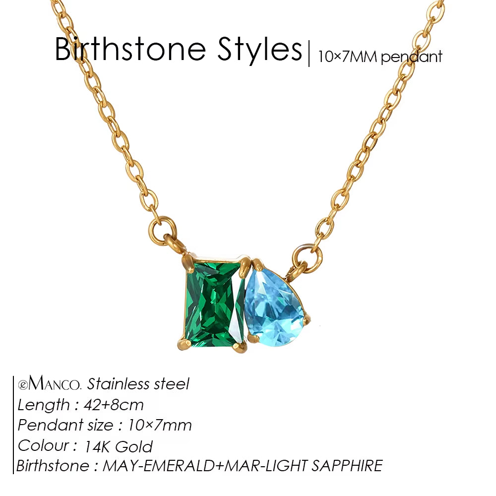 Emanco Elegant Non-Allergenic Korean Stainless Steel Birthstone Pendant Necklace with Zircon Water Drop Design, Gold Plated