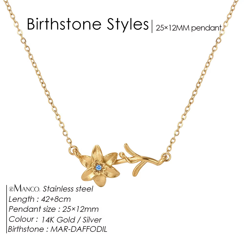 Chic Rhinestone Stainless Steel Birthstone Pendant Necklace with Rose Flower Design for Special Gifts