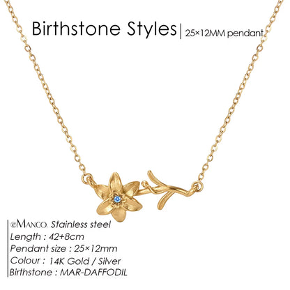 Chic Rhinestone Stainless Steel Birthstone Pendant Necklace with Rose Flower Design for Special Gifts