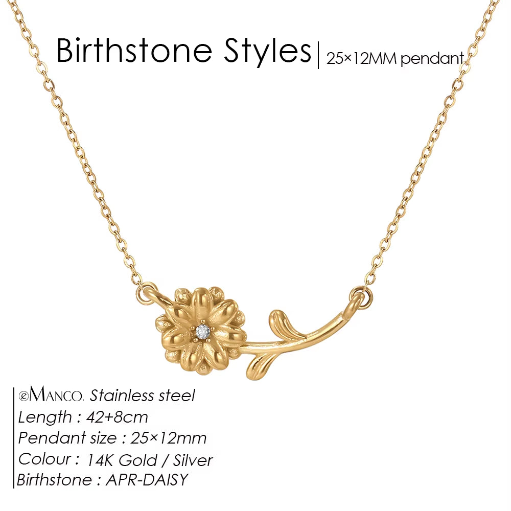 Chic Rhinestone Stainless Steel Birthstone Pendant Necklace with Rose Flower Design for Special Gifts