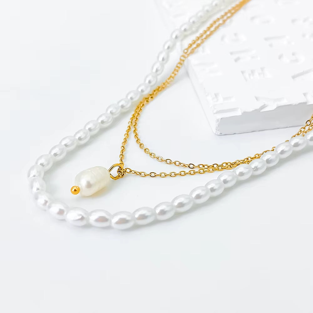 E-Manco Minimalist Stainless Steel Gold Chain Choker Necklace with Classic Pearl for Women