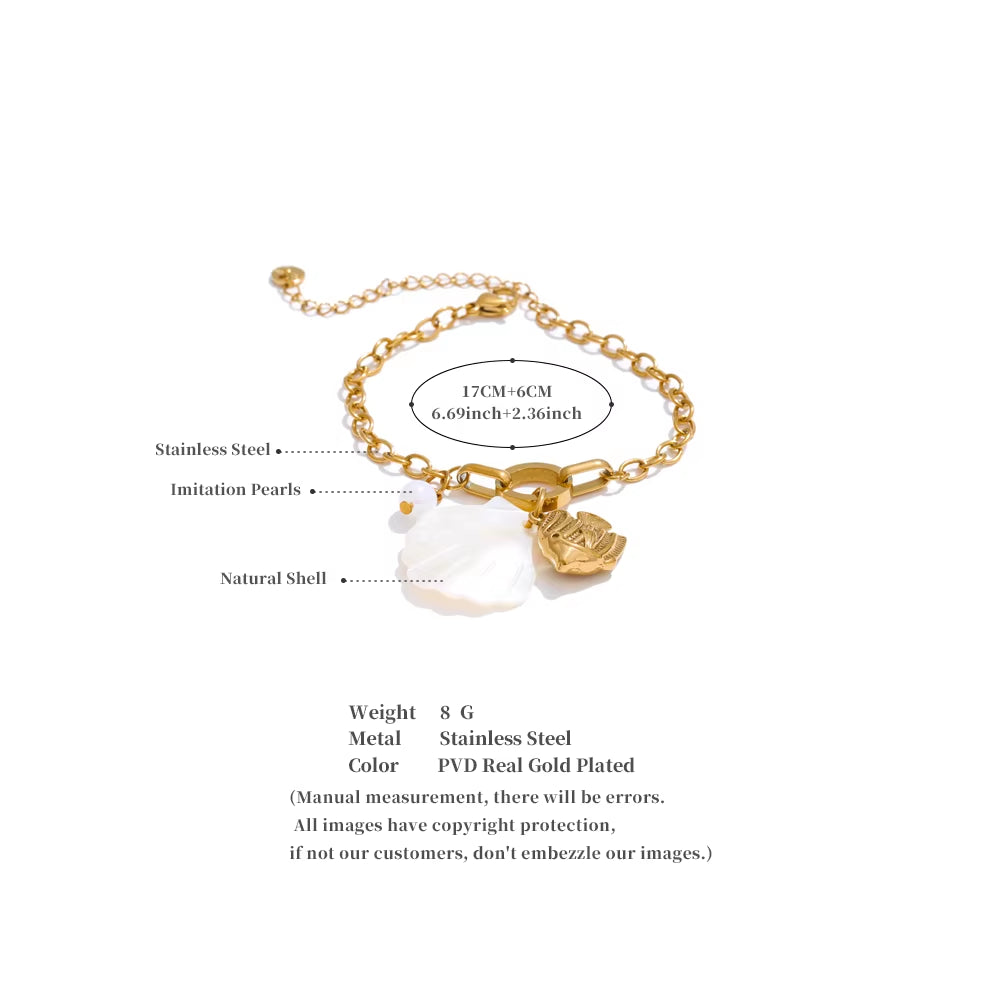 JINYOU 1078 Stainless Steel Ocean-Inspired Charm Bracelet with Natural Shell and Starfish Accent for Beach Vacations