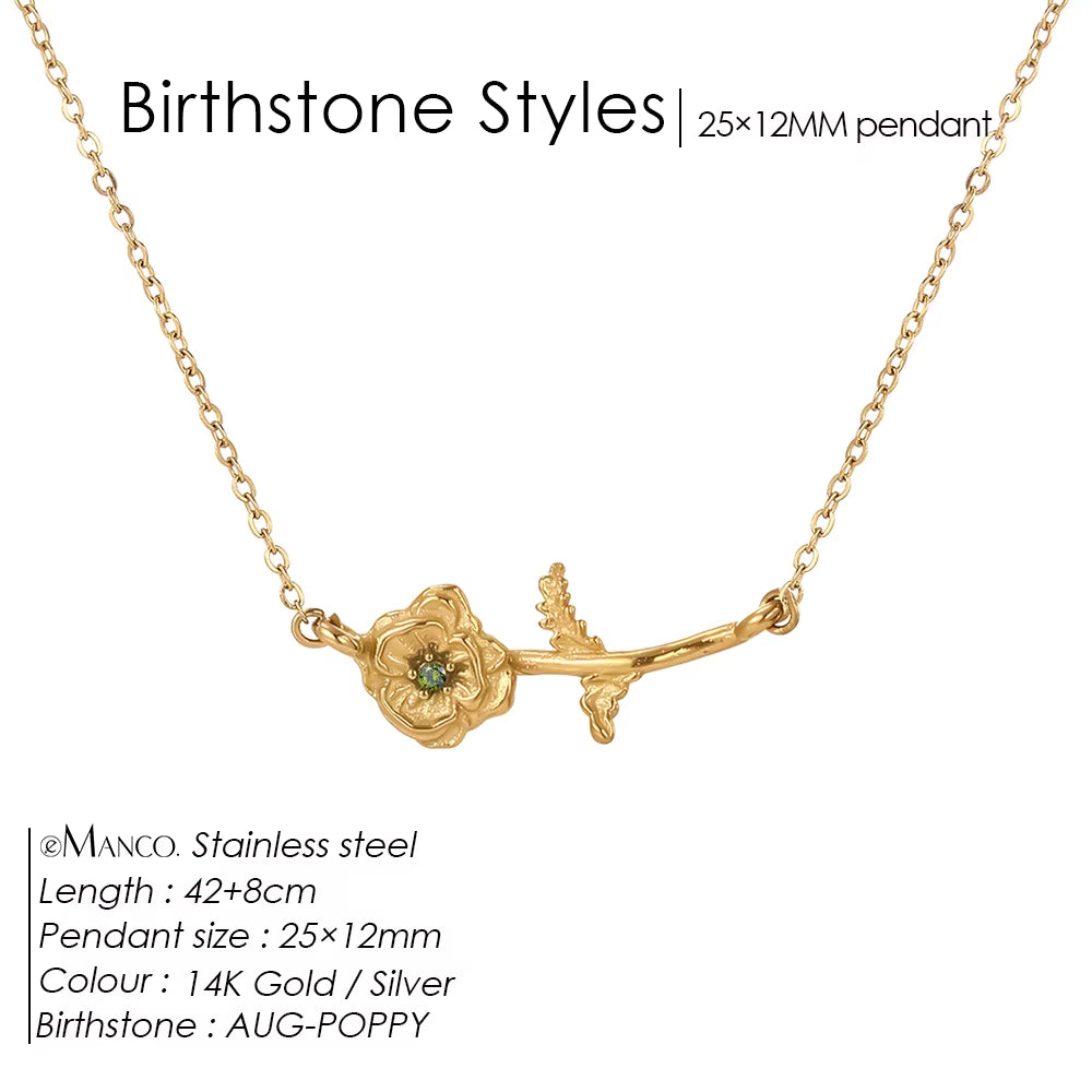 Chic Rhinestone Stainless Steel Birthstone Pendant Necklace with Rose Flower Design for Special Gifts