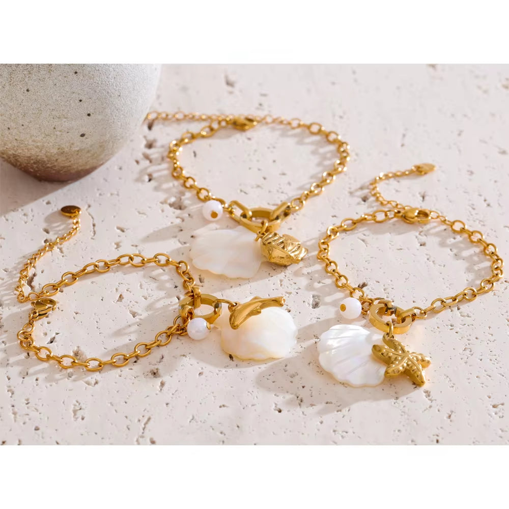 JINYOU 1078 Stainless Steel Ocean-Inspired Charm Bracelet with Natural Shell and Starfish Accent for Beach Vacations