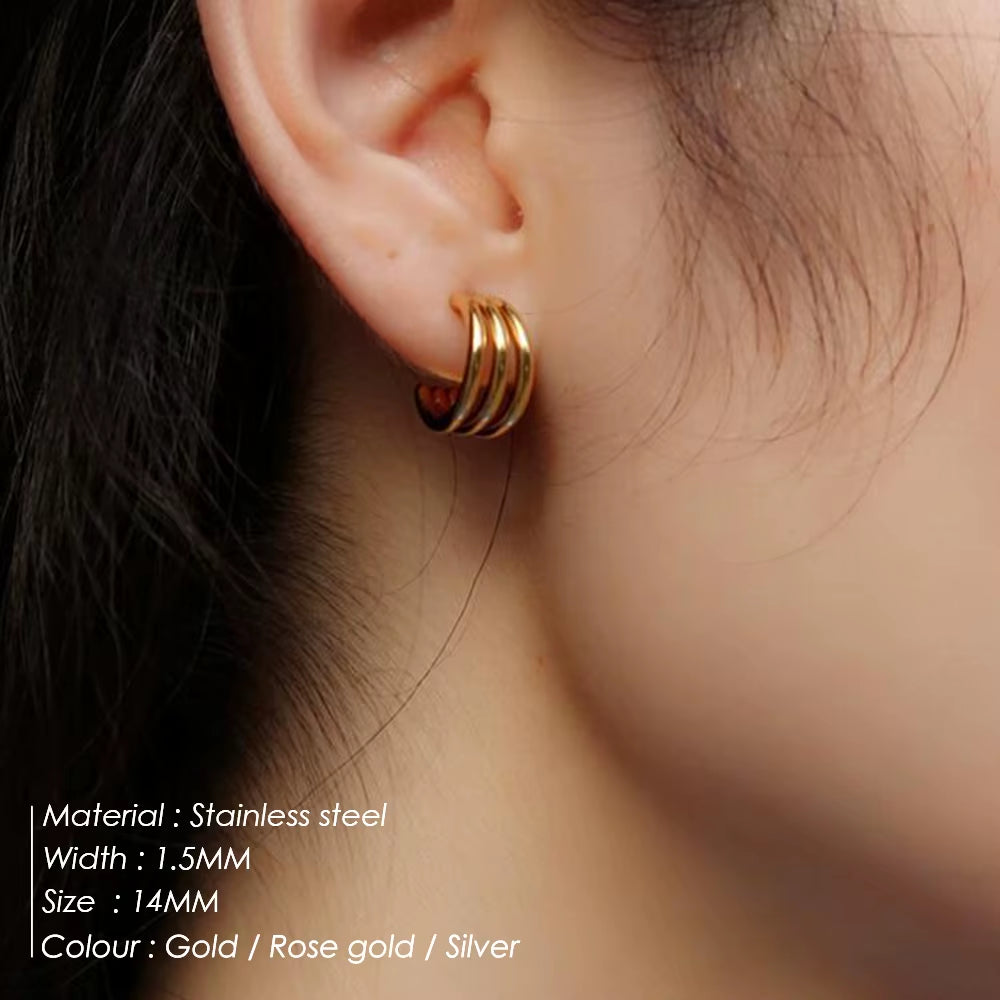 Tarnish-Resistant 316 Stainless Steel 18K Gold Plated Three-Layer C-Shaped Circle Stud Earrings