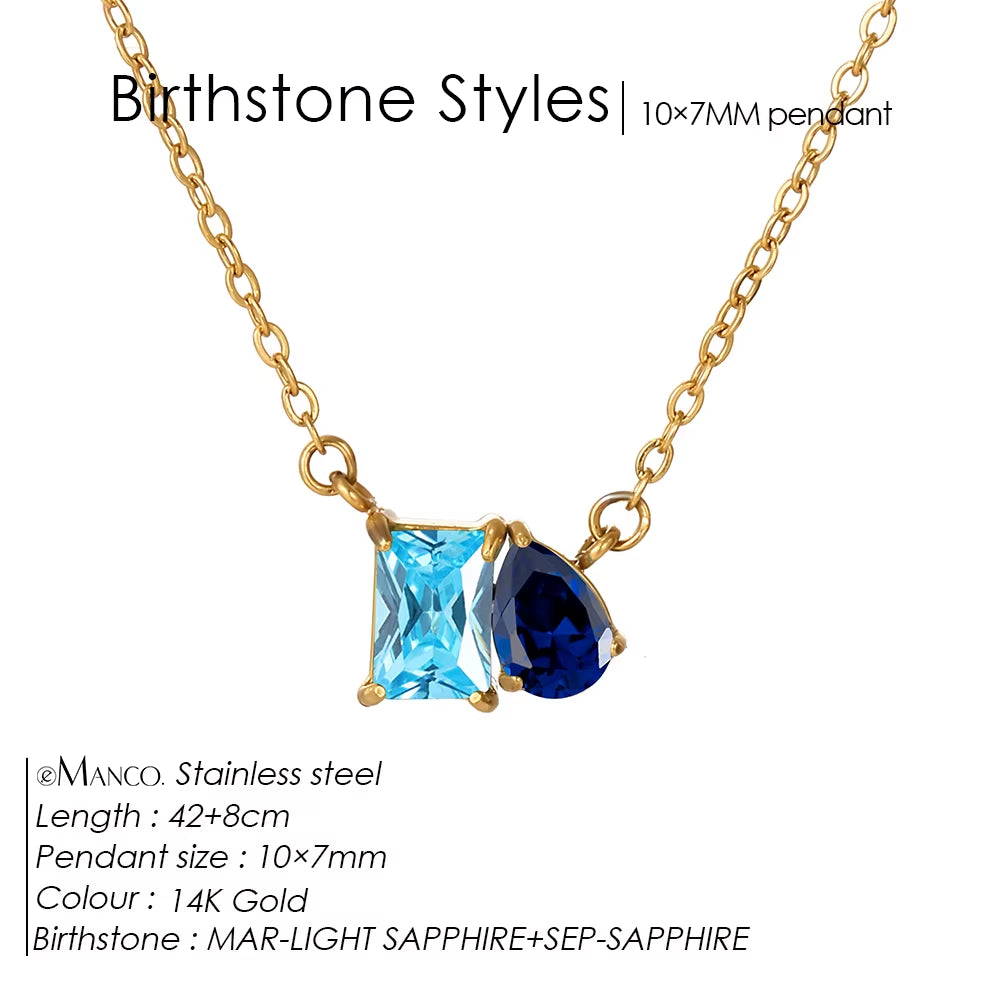 Emanco Elegant Non-Allergenic Korean Stainless Steel Birthstone Pendant Necklace with Zircon Water Drop Design, Gold Plated