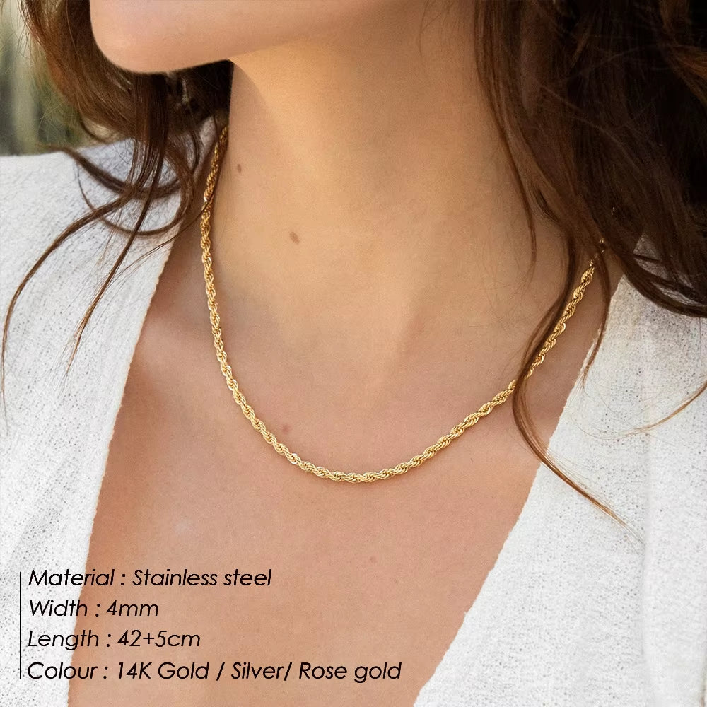 Emanco Classic Layered Double Stainless Steel Rope Twist and Flat Snake Chain Necklace for Women