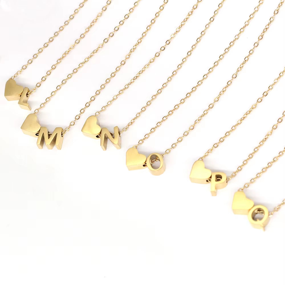Emanco Personalized Initial Heart Necklace for Women - Gold Stainless Steel A-Z Letter Design
