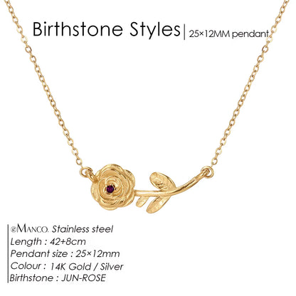 Chic Rhinestone Stainless Steel Birthstone Pendant Necklace with Rose Flower Design for Special Gifts