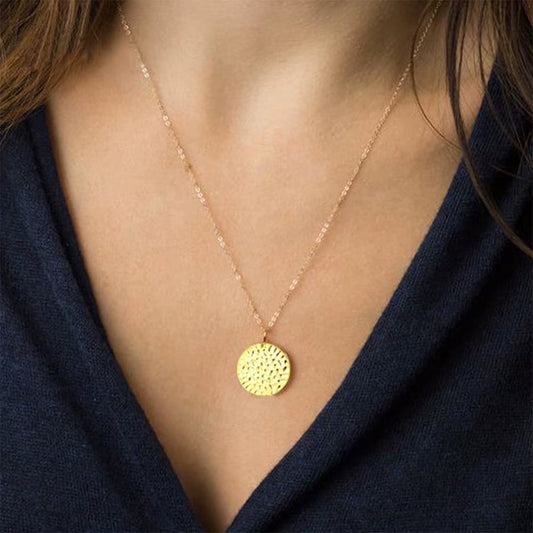 Modern European 316L Stainless Steel 15MM Hammered Disc Necklace for Women in Gold