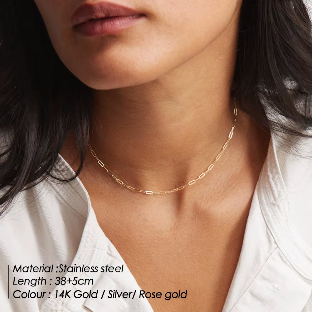 Stainless Steel and 14K Gold Layered Necklace Set with Long Metal Chain and Rectangular Pendant for Women