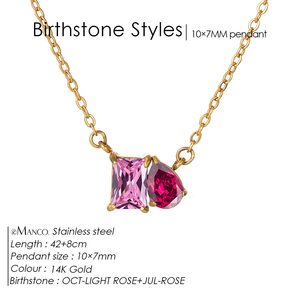 Emanco Elegant Non-Allergenic Korean Stainless Steel Birthstone Pendant Necklace with Zircon Water Drop Design, Gold Plated