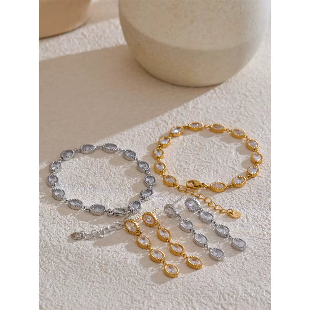 JINYOU 4935 Women's Stainless Steel Zircon Jewelry Set: Chain Bracelet and Drop Earrings Gift