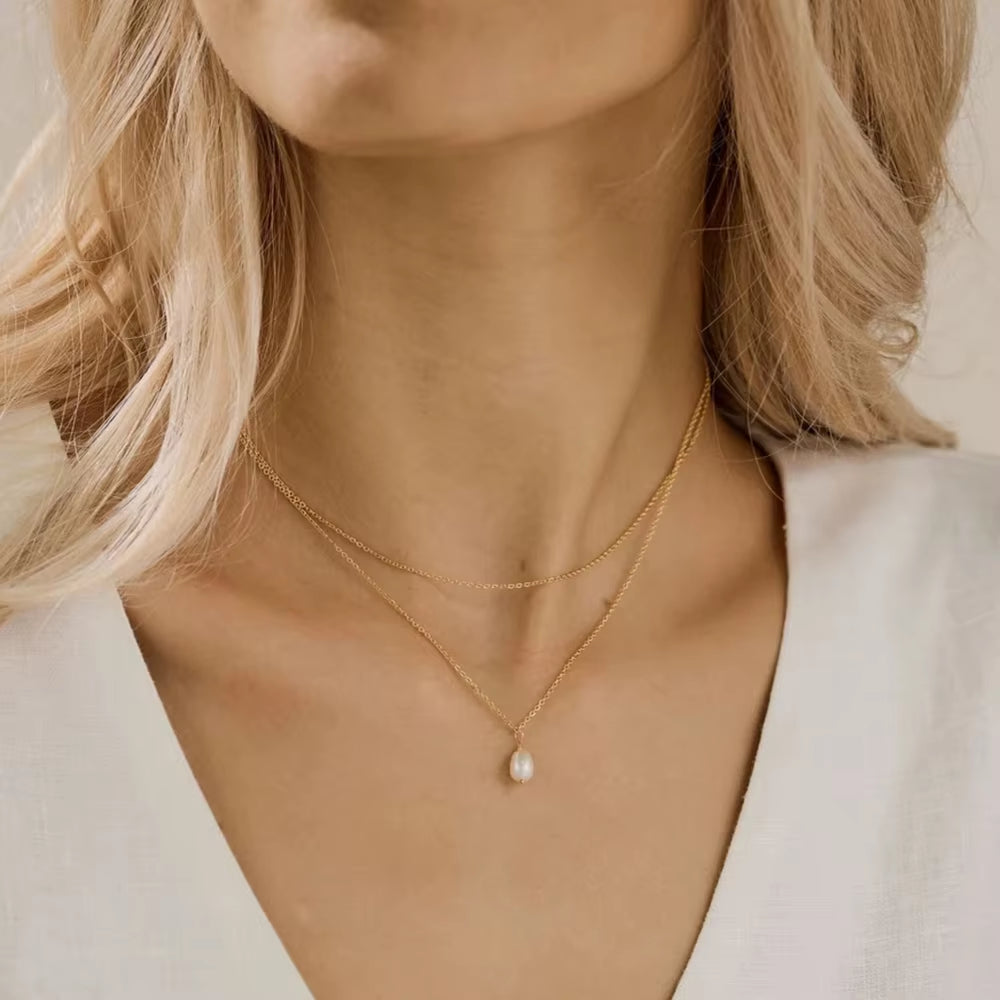 E-Manco Minimalist Stainless Steel Gold Chain Choker Necklace with Classic Pearl for Women