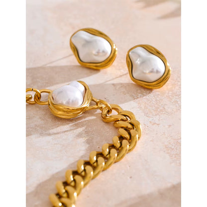 JINYOU 4818 Stainless Steel Elegant Baroque Simulated Pearl Necklace and Earring Set with Golden Cuban Chain
