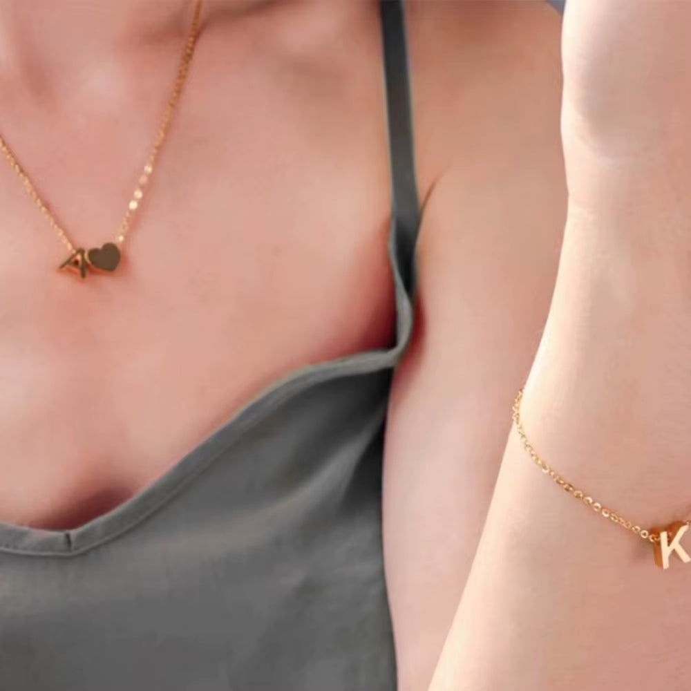 Emanco Personalized Initial Heart Necklace for Women - Gold Stainless Steel A-Z Letter Design