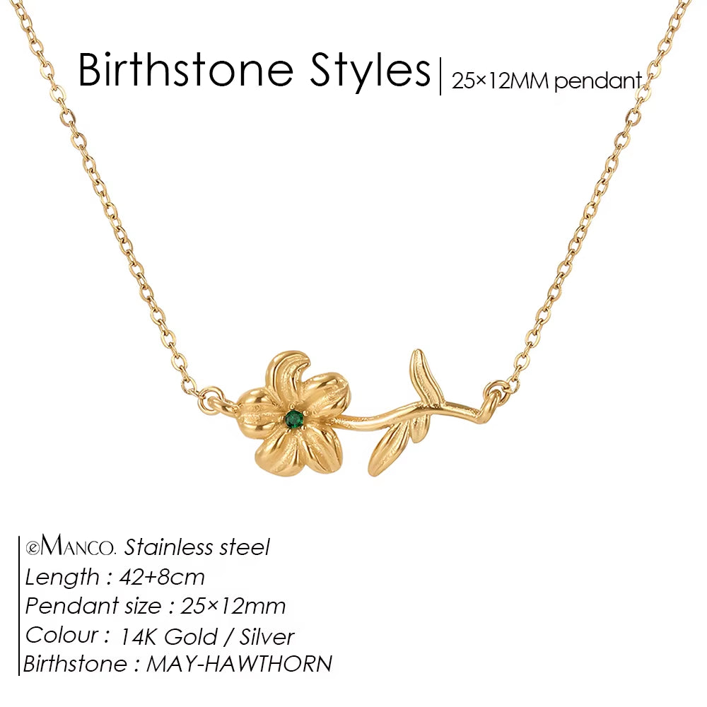Chic Rhinestone Stainless Steel Birthstone Pendant Necklace with Rose Flower Design for Special Gifts