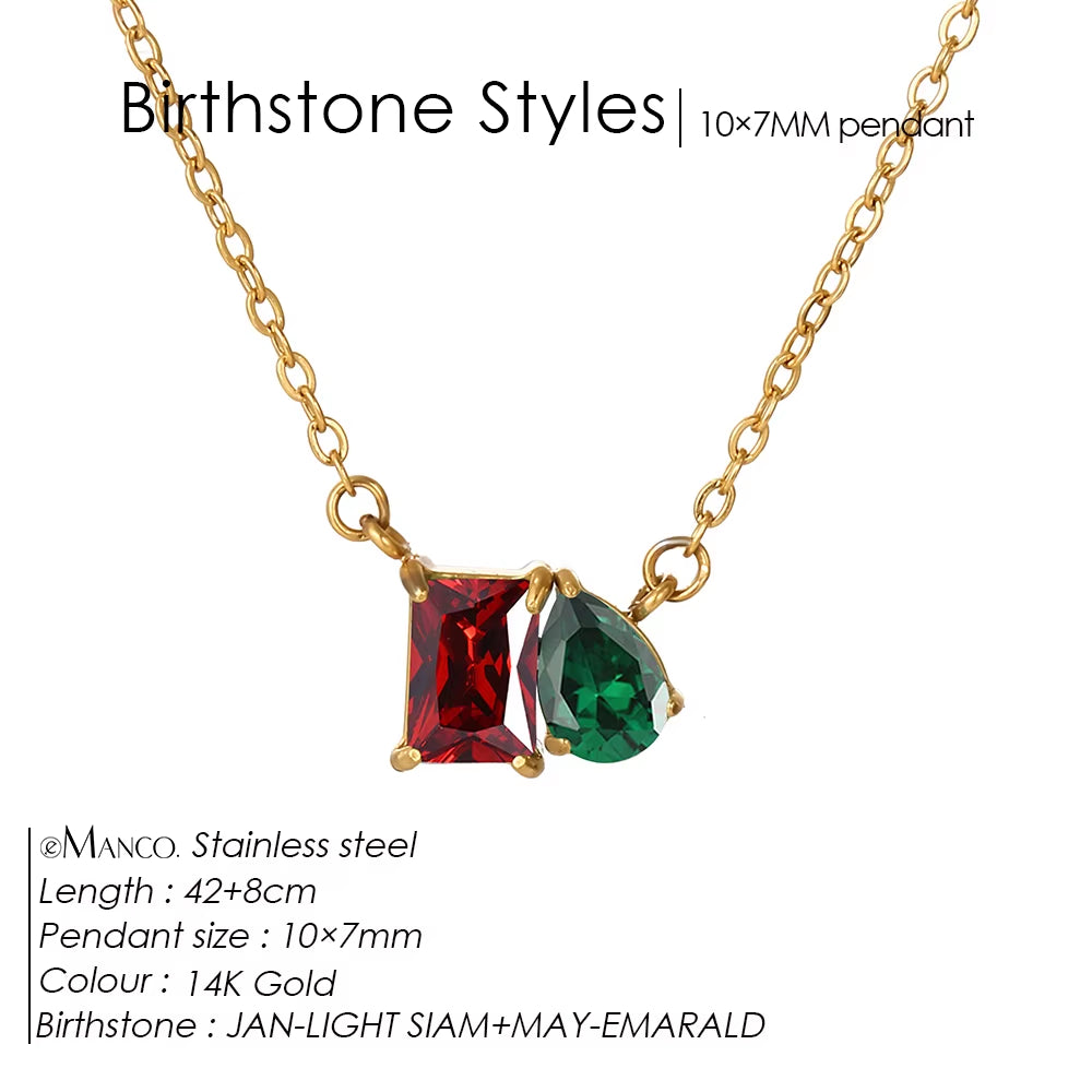 Emanco Elegant Non-Allergenic Korean Stainless Steel Birthstone Pendant Necklace with Zircon Water Drop Design, Gold Plated