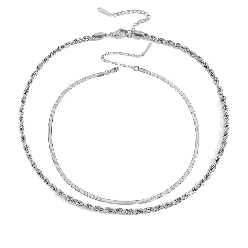 Emanco Classic Layered Double Stainless Steel Rope Twist and Flat Snake Chain Necklace for Women