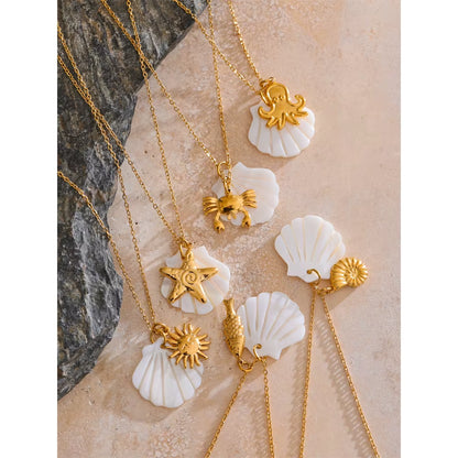 JINYOU 5016 Elegant Gold PVD Plated Waterproof Shell and Starfish Pendant Necklace for Summer Ocean Style - Wholesale Availability
