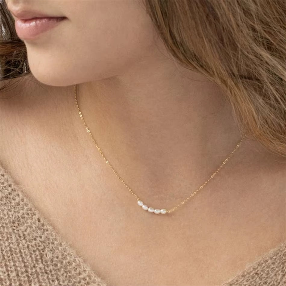 Stainless Steel 14K Gold Plated Chain Necklace with Natural Freshwater Pearls for Women - Drop Shipping Casual Jewelry