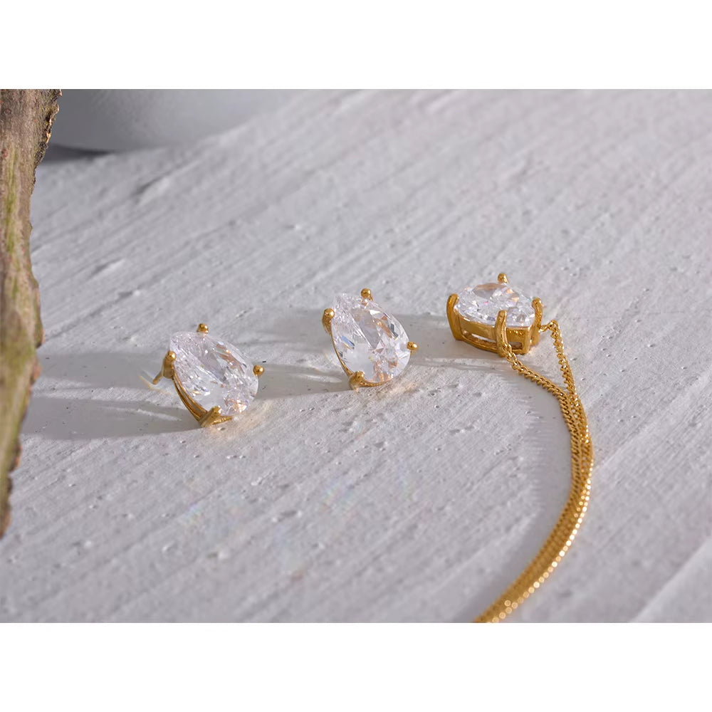 JINYOU 1061 Elegant Cubic Zirconia Water Drop Pendant Necklace and Stud Earrings Set, Waterproof Stainless Steel Chic Jewelry