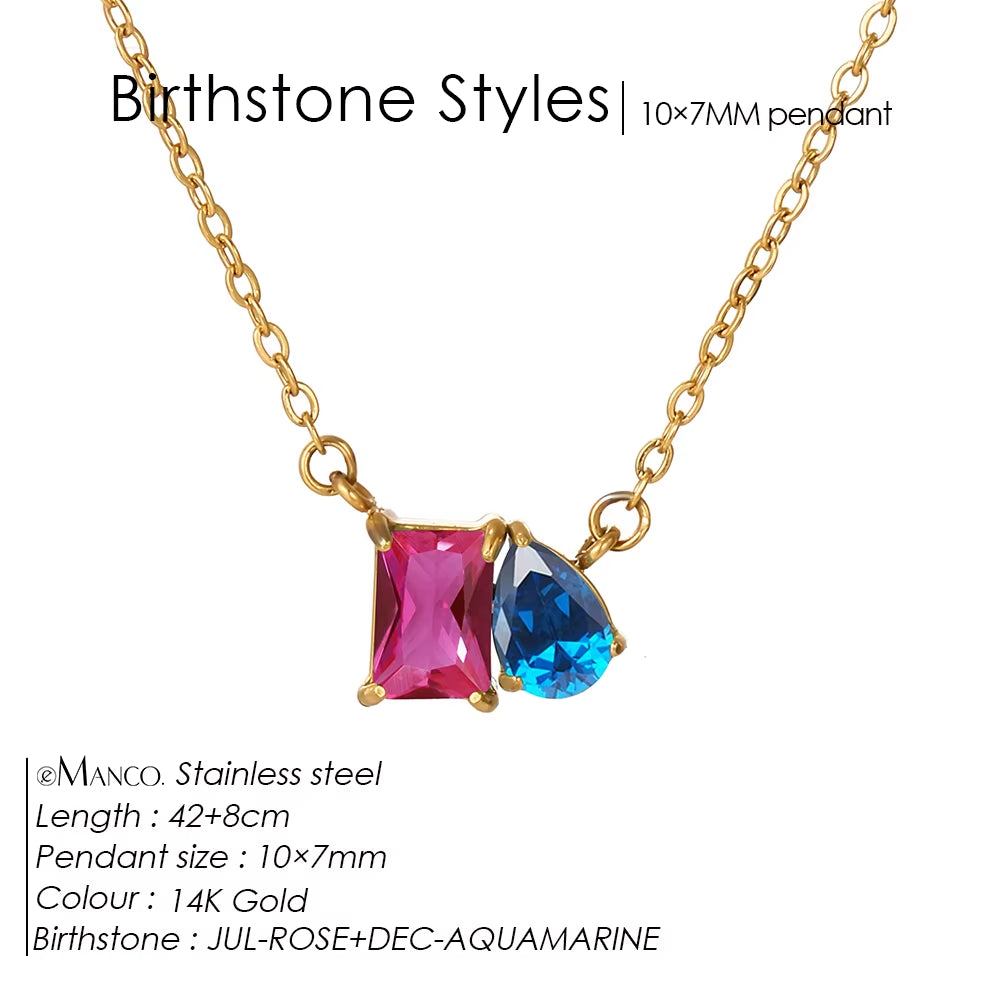 Emanco Elegant Non-Allergenic Korean Stainless Steel Birthstone Pendant Necklace with Zircon Water Drop Design, Gold Plated