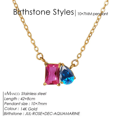 Emanco Elegant Non-Allergenic Korean Stainless Steel Birthstone Pendant Necklace with Zircon Water Drop Design, Gold Plated