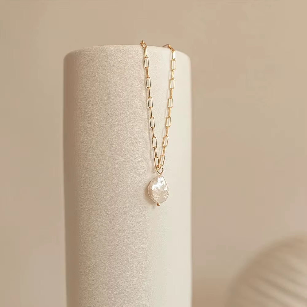 Imitation Pearl Pendant Paperclip Link Necklace - Customizable Stainless Steel Gold Plated Jewelry