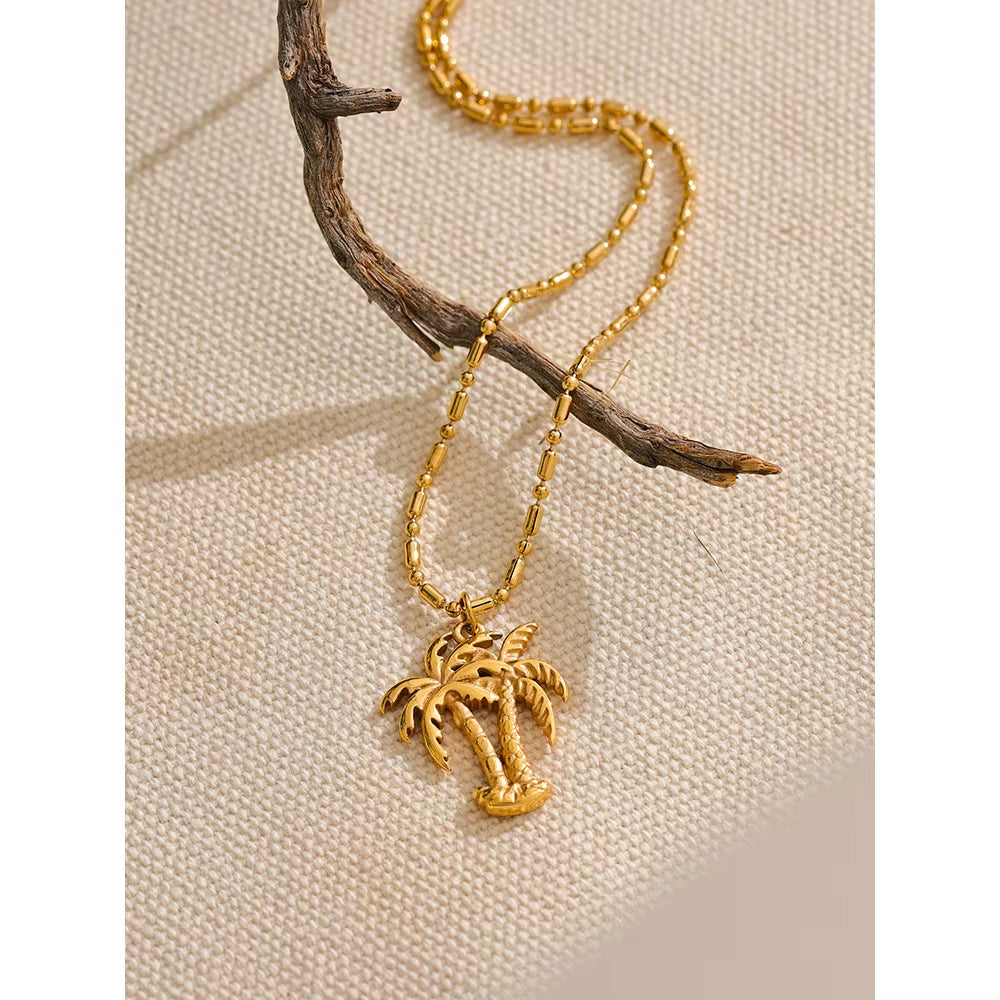 JINYOU 029 Summer Coconut Tree Necklace Pendant - 18K Gold Color PVD Plated Waterproof Fashion Jewelry for Beach Wear 2025