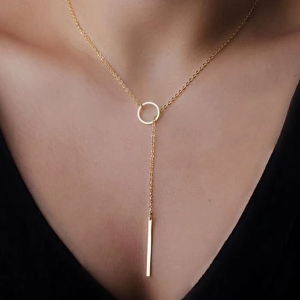 Emanco Women's Trendy Long Necklace with 316 Stainless Steel Circle Lariat Bar Pendant