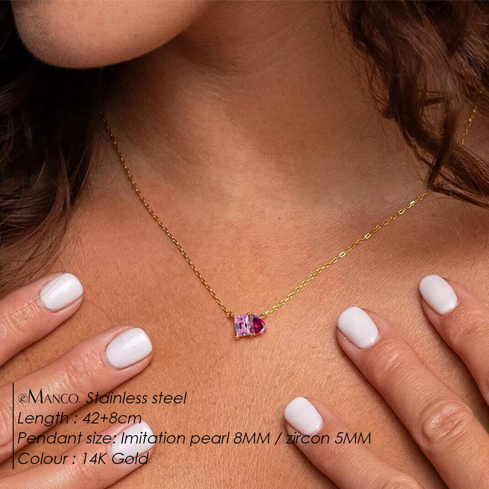 Emanco Elegant Non-Allergenic Korean Stainless Steel Birthstone Pendant Necklace with Zircon Water Drop Design, Gold Plated