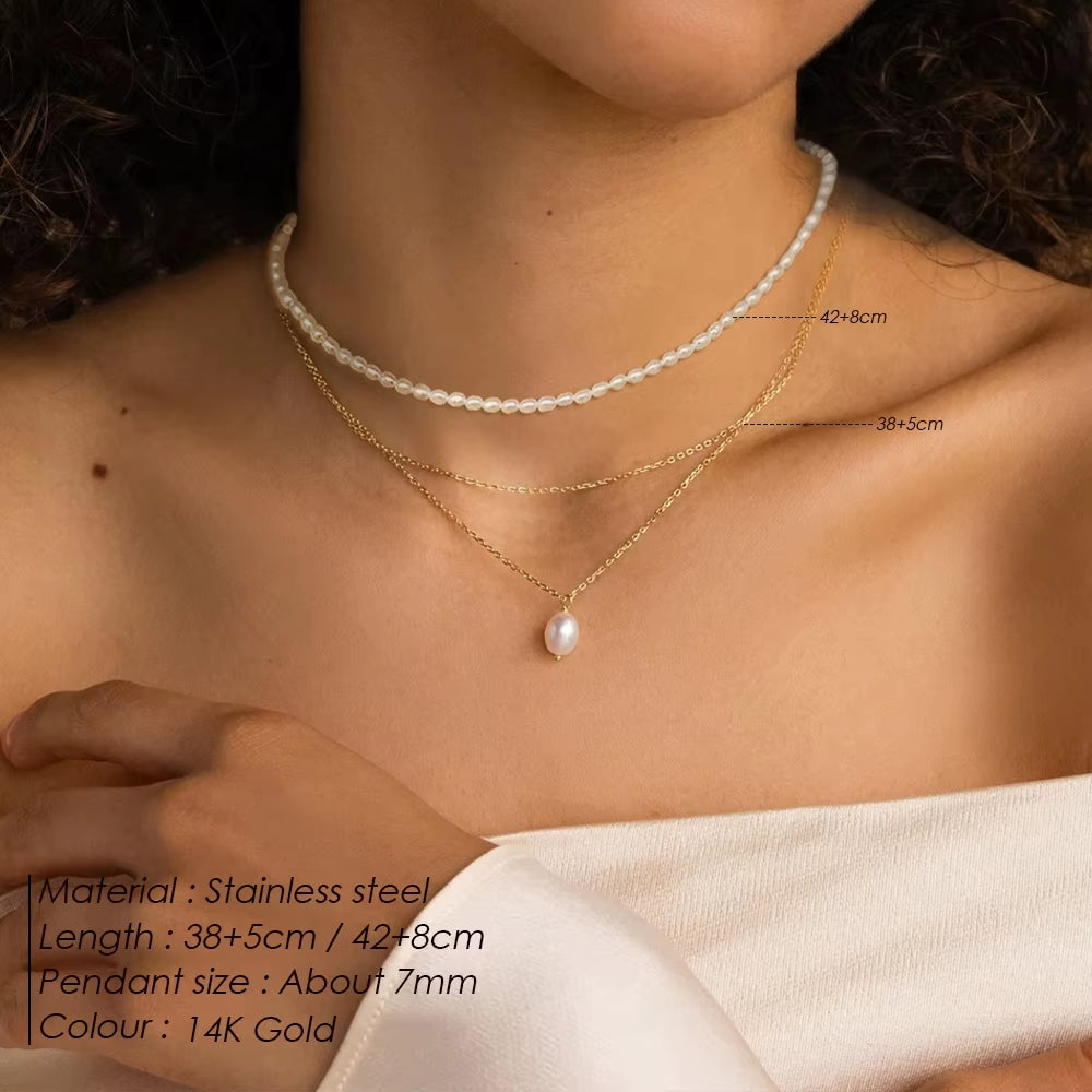 E-Manco Minimalist Stainless Steel Gold Chain Choker Necklace with Classic Pearl for Women