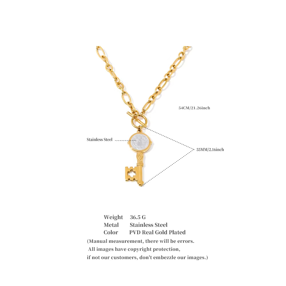 JINYOU 371 Hypoallergenic Stainless Steel Gold Plated Key-Shaped Double-Sided Pendant Necklace