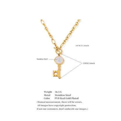 JINYOU 371 Hypoallergenic Stainless Steel Gold Plated Key-Shaped Double-Sided Pendant Necklace