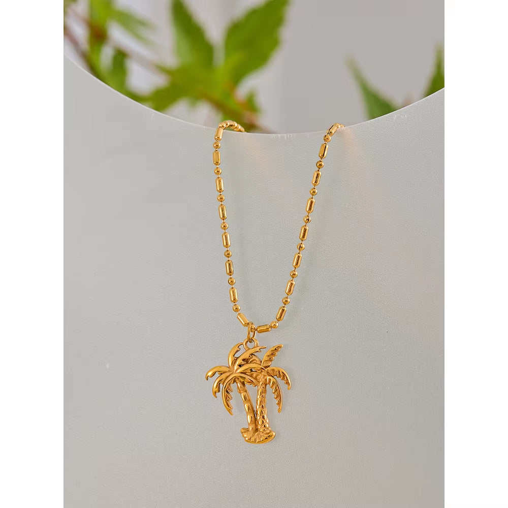 JINYOU 029 Summer Coconut Tree Necklace Pendant - 18K Gold Color PVD Plated Waterproof Fashion Jewelry for Beach Wear 2025
