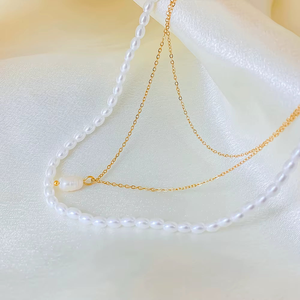 E-Manco Minimalist Stainless Steel Gold Chain Choker Necklace with Classic Pearl for Women