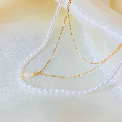 E-Manco Minimalist Stainless Steel Gold Chain Choker Necklace with Classic Pearl for Women