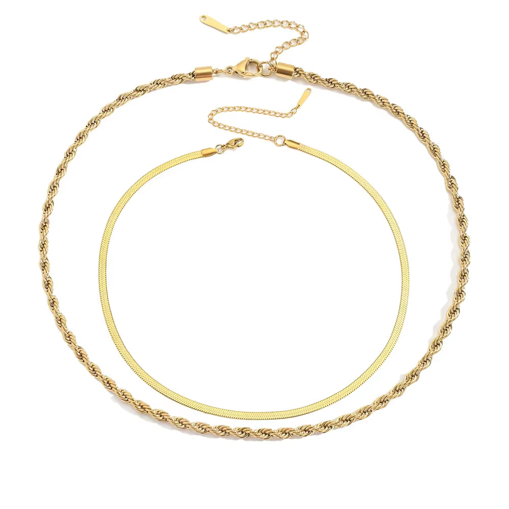 Emanco Classic Layered Double Stainless Steel Rope Twist and Flat Snake Chain Necklace for Women