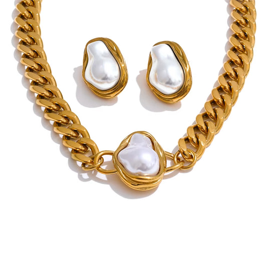 JINYOU 4818 Stainless Steel Elegant Baroque Simulated Pearl Necklace and Earring Set with Golden Cuban Chain