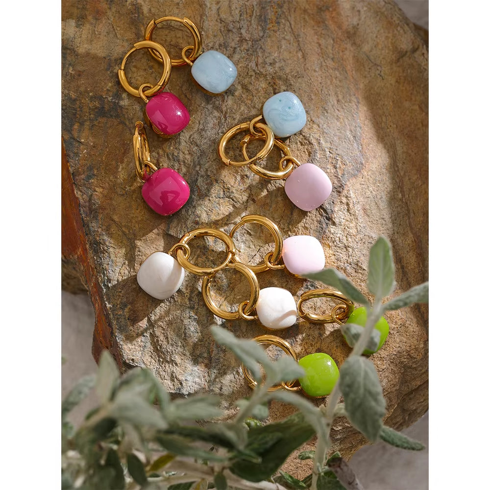 JINYOU 1092 Colorful Enamel Candy Stainless Steel Square Drop Hoop Earrings for Women, 18K PVD Plated Stylish Summer Jewelry